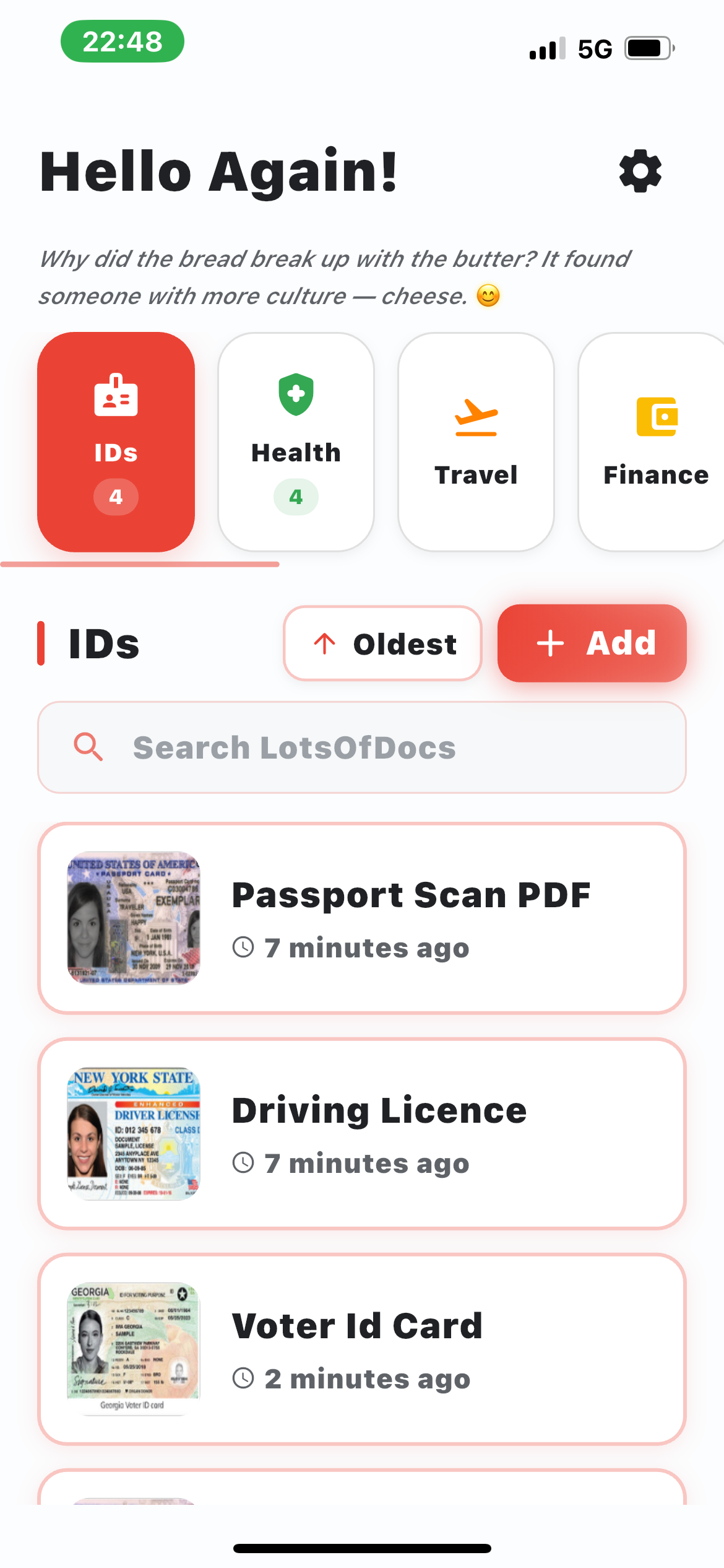 LotsOfDocs home screen showing organized categories and documents