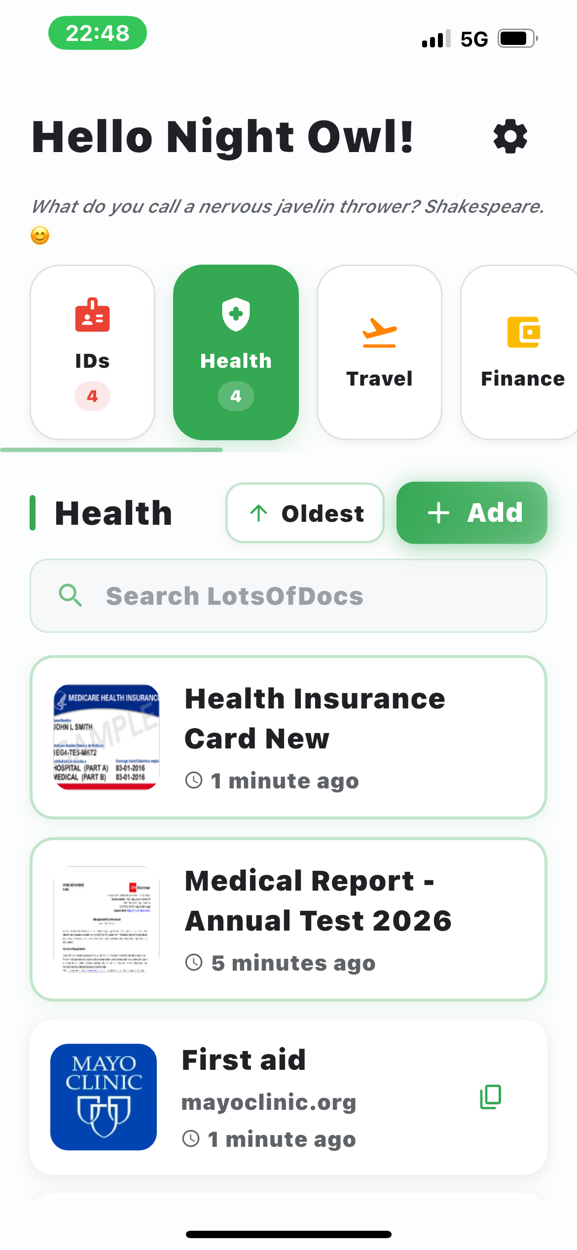 Health category with insurance card, medical report, and Mayo Clinic link
