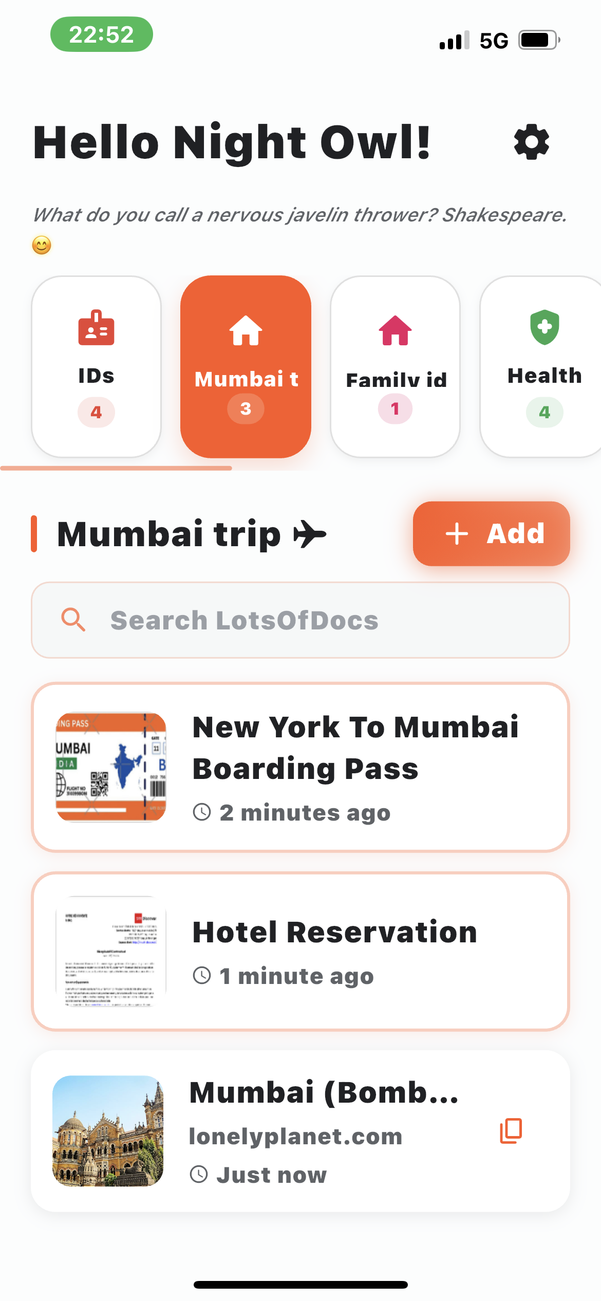 Mumbai trip category with boarding pass, hotel reservation, and travel link