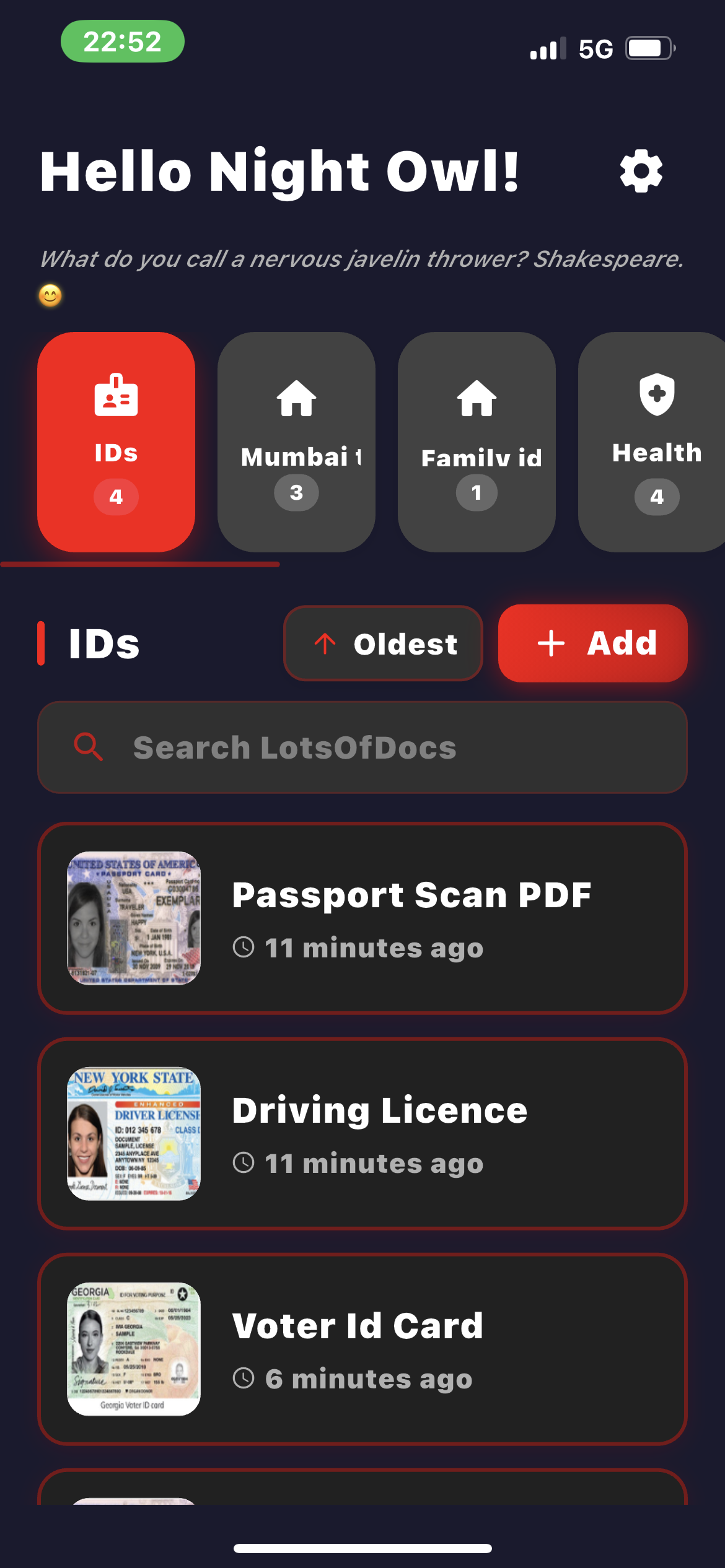 Dark mode view showing IDs category