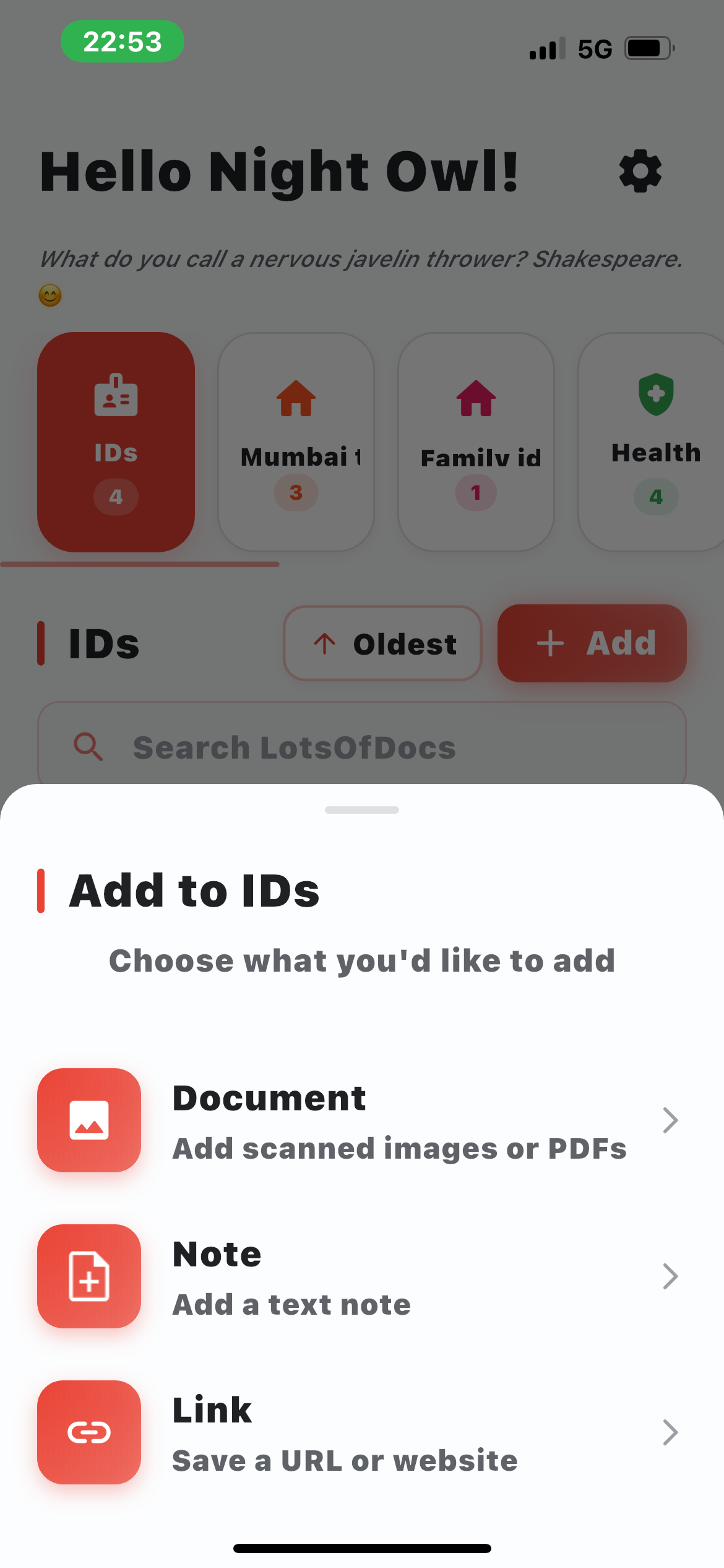 Add content menu showing Document, Note, and Link options
